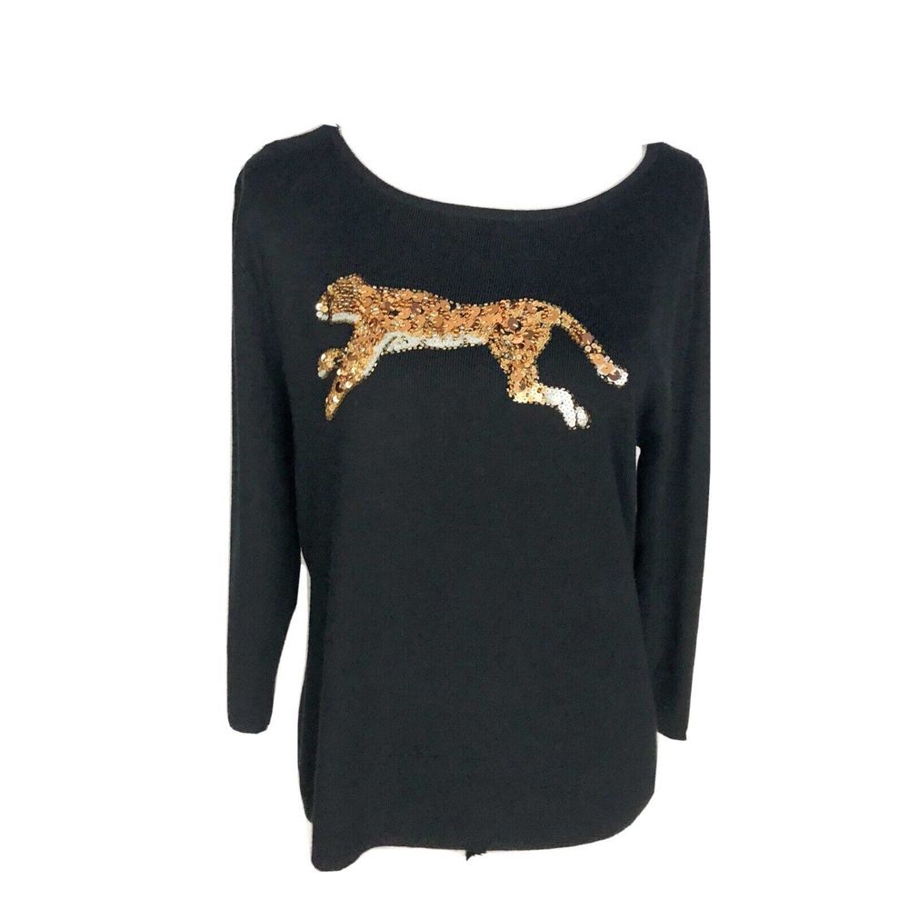 Bozaglo Women's blouse,‎ Black, 3/4 Sleeves Sz M Cheetah front Sequin Bling Silk